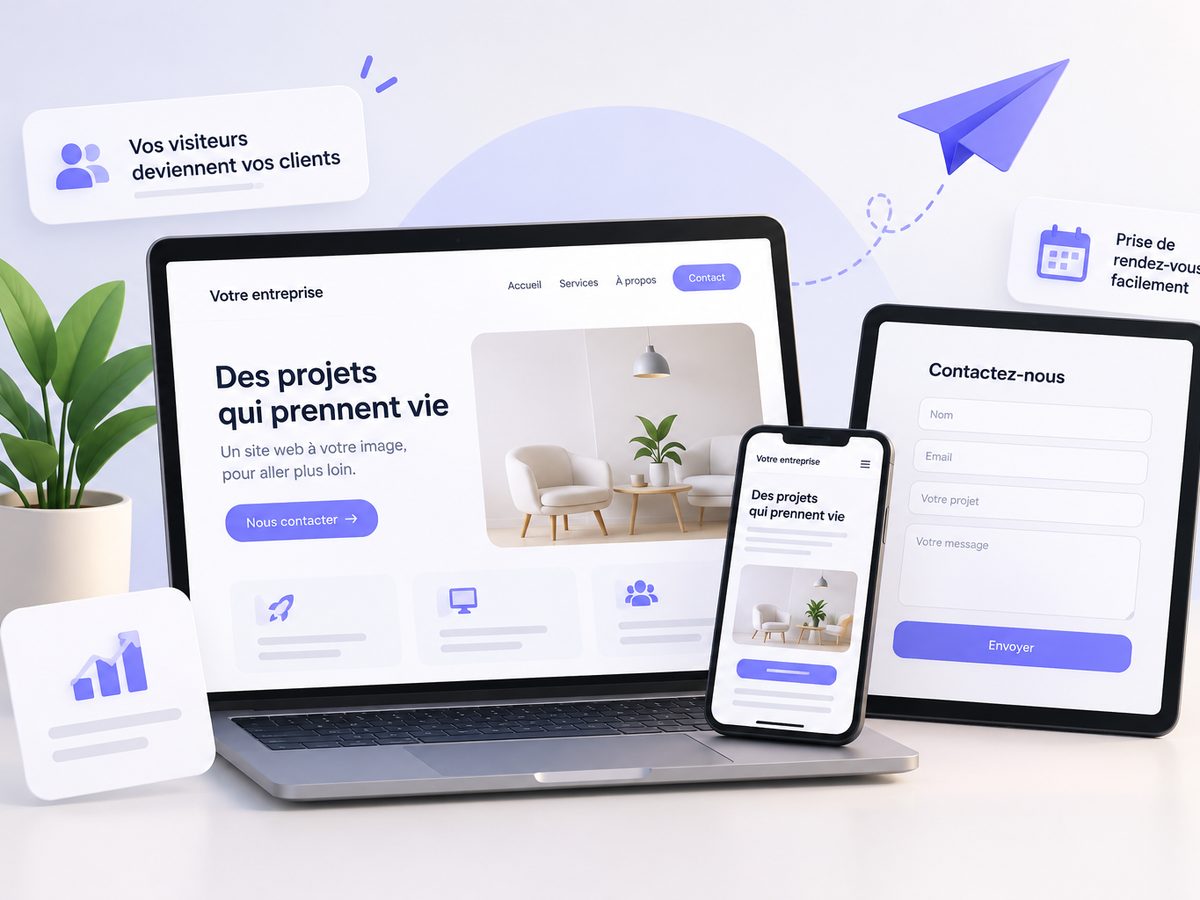 Un même site vitrine affiché sur ordinateur portable, tablette et téléphone, avec son formulaire de contact